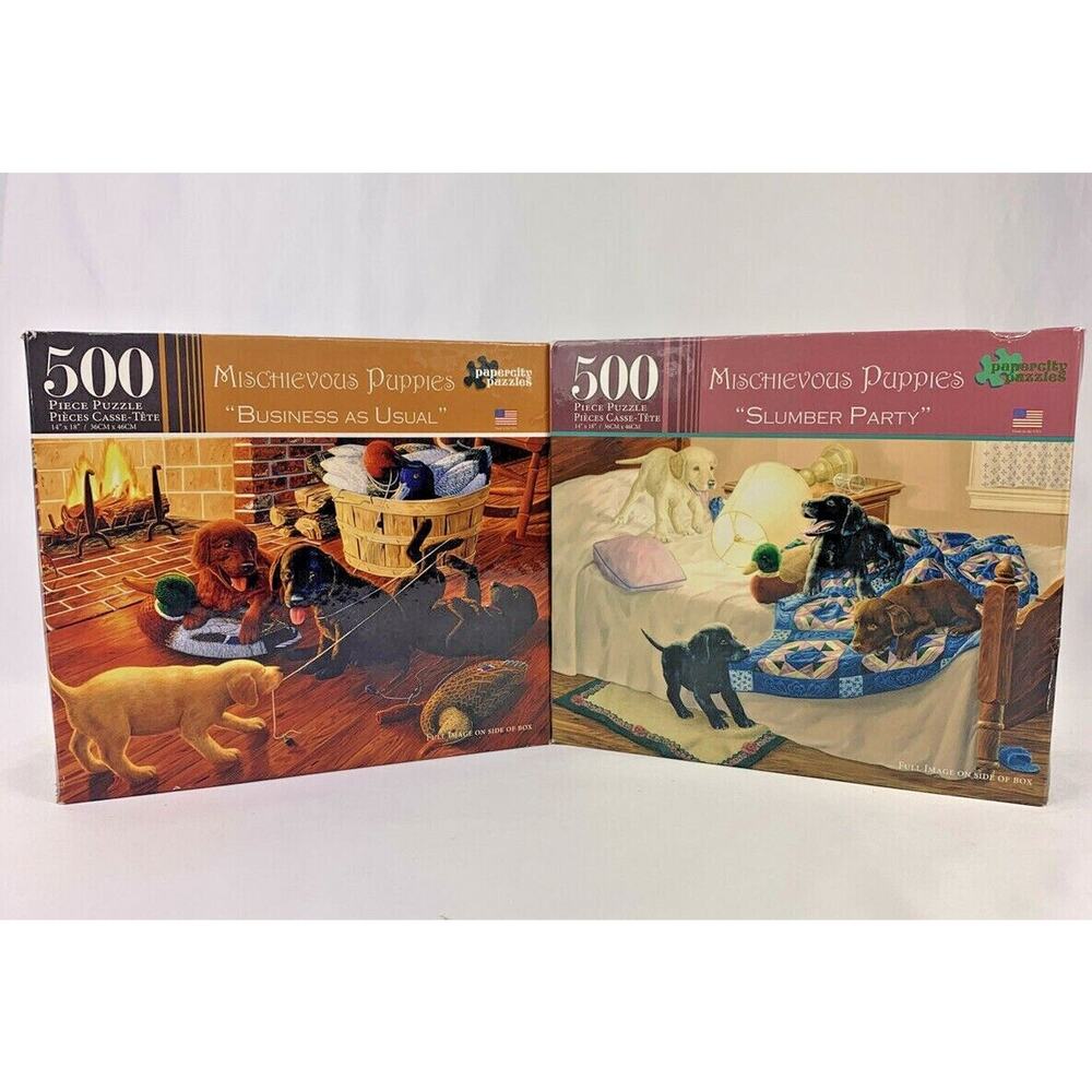 Lot of Two (2) MISCHIEVOUS PUPPIES 500 Piece Puzzles by Papercity Puzzles - NEW